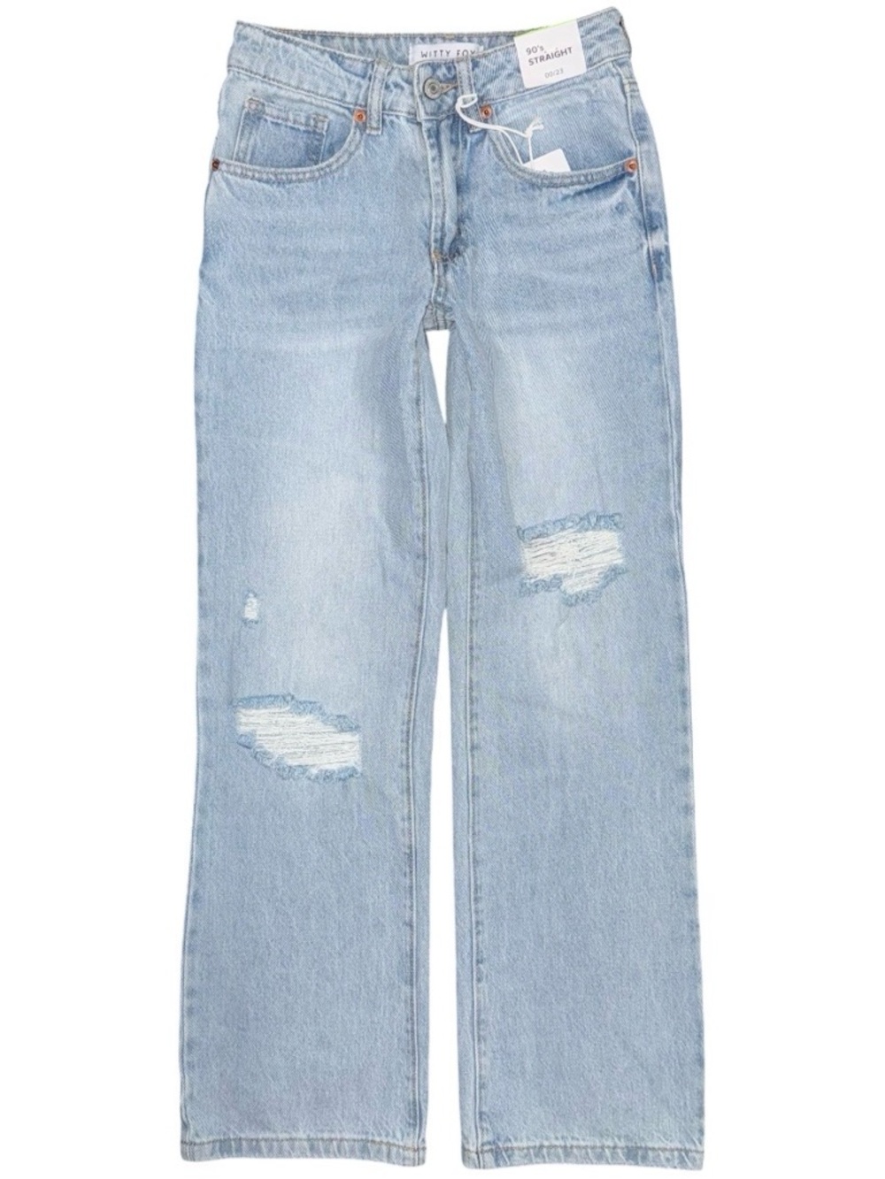 NEW Witty Fox 90s Straight Leg Jeans Light Blue Wash Distressed Rigid Sz 00 / 23